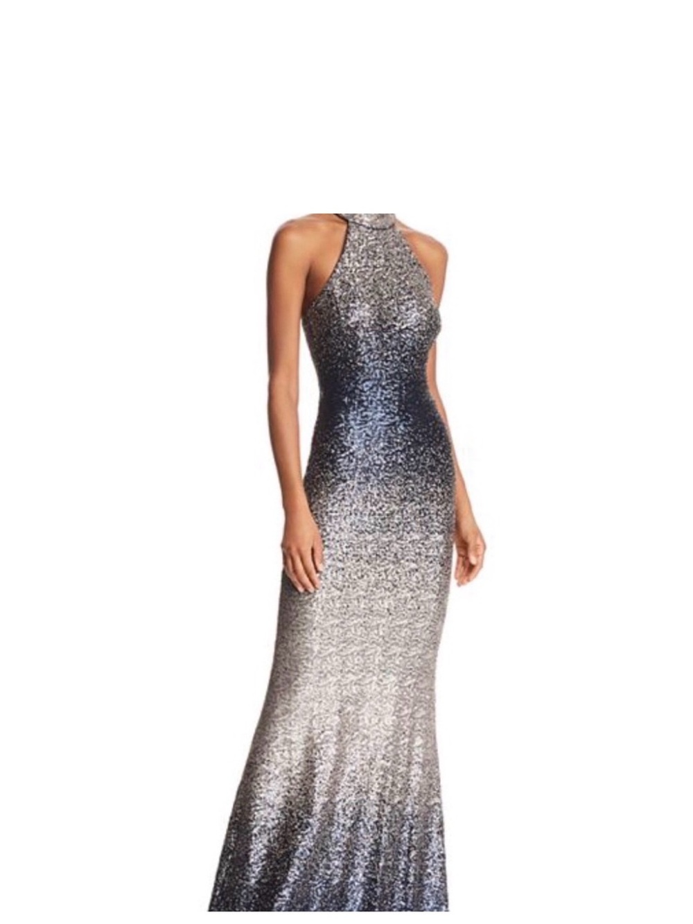 Sequin Ombre Halter Evening Gown - Blue/Silver